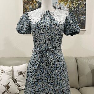 Maje Blue and White Peter Pan Collar Ruffled Jumpsuit